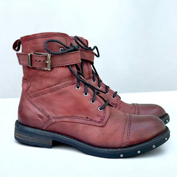 Musse & Cloud 9.5 Santana Combat Boots Red Buckle Strap Genuine Leather Studded - Picture 2 of 9